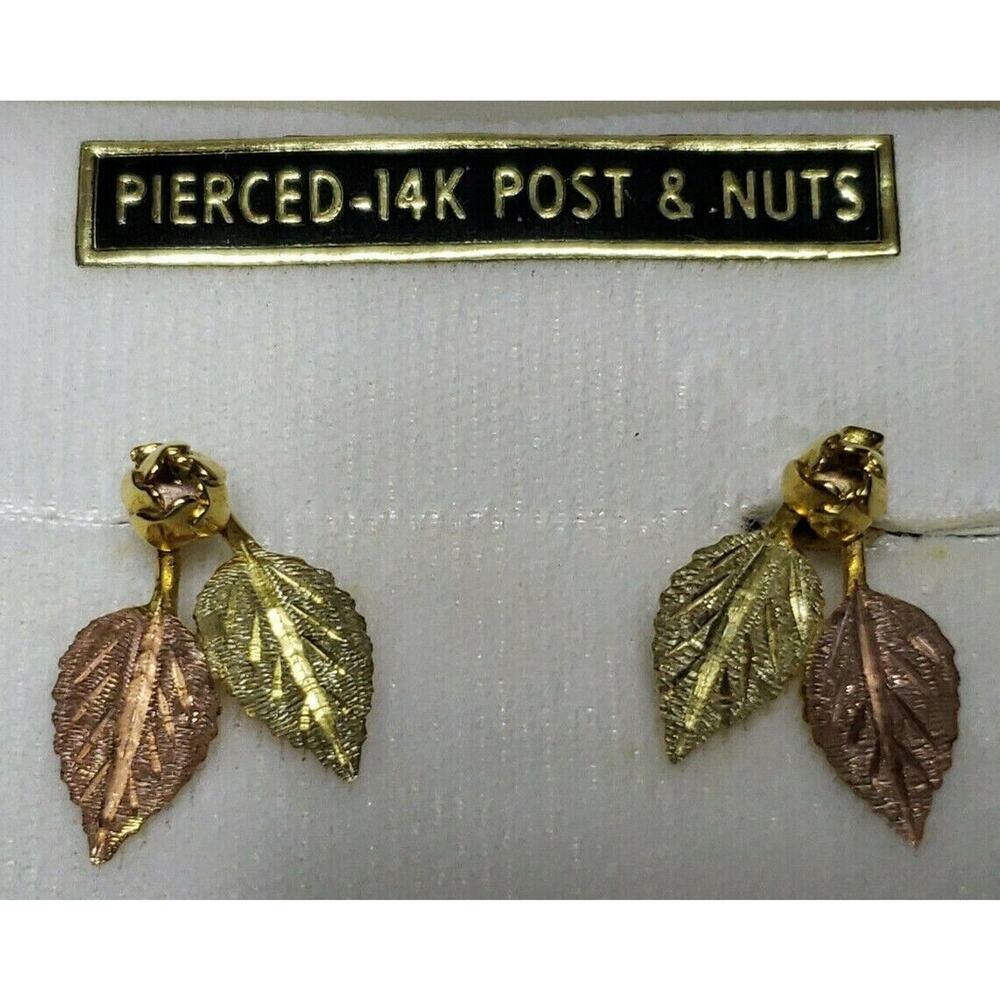 Landstrom's‎ Black Hills 14K Gold Two Leaf Stud Earrings Original Box and Papers